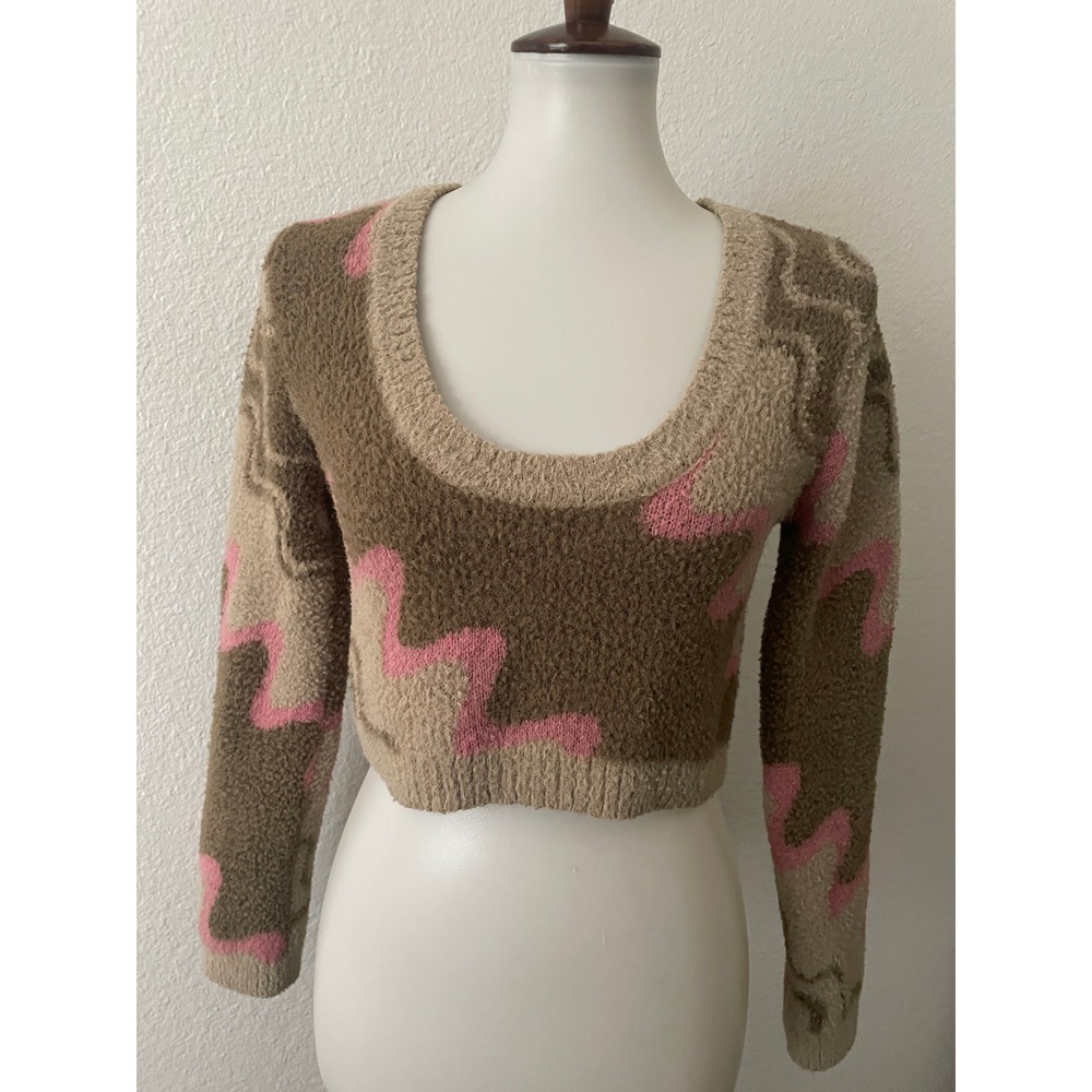 Cotton On Fuzzy Crop Sweater Women XS Abstract Swirl Retro Streetwear Indie